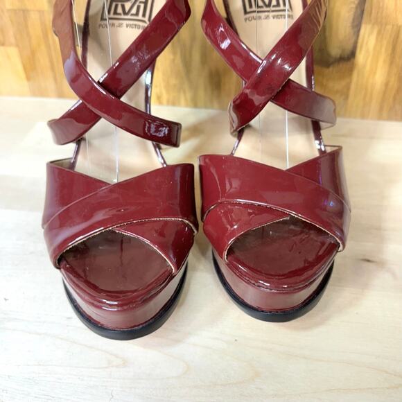 Pour le Victoire Burgundy Patent Leather Platform Strappy Heels 9 - Picture 3 of 12